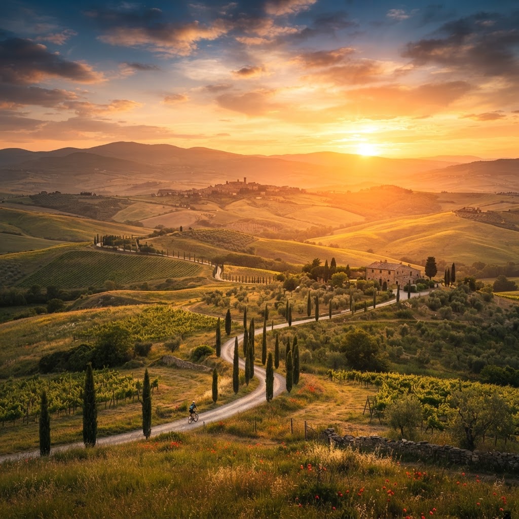 The iconic rolling hills of Tuscany glowing during the golden hour.