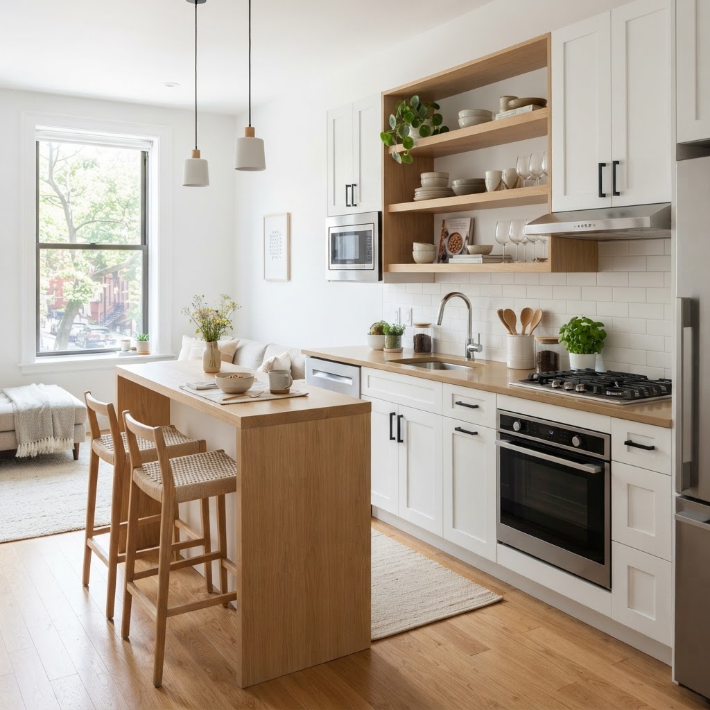 Bright and airy single-wall kitchen layout with smart storage.