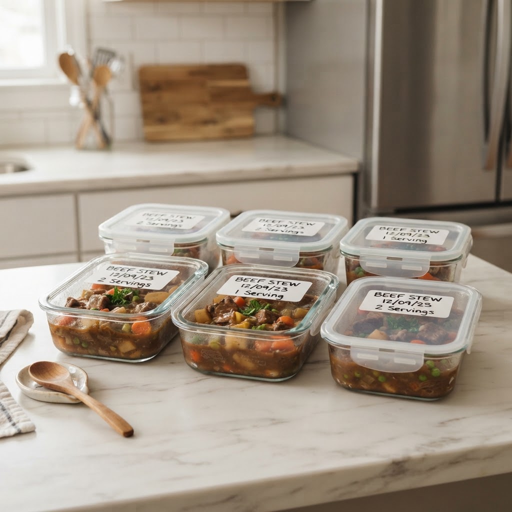 Portioning your homemade stew for easy freezer-friendly meals.