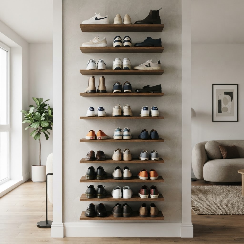 Vertical shelving maximizes storage without using floor space.