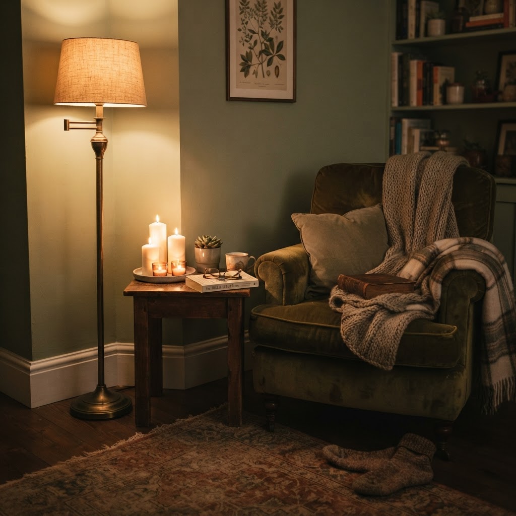 A dedicated reading nook illuminated by a single, warm-toned floor lamp.