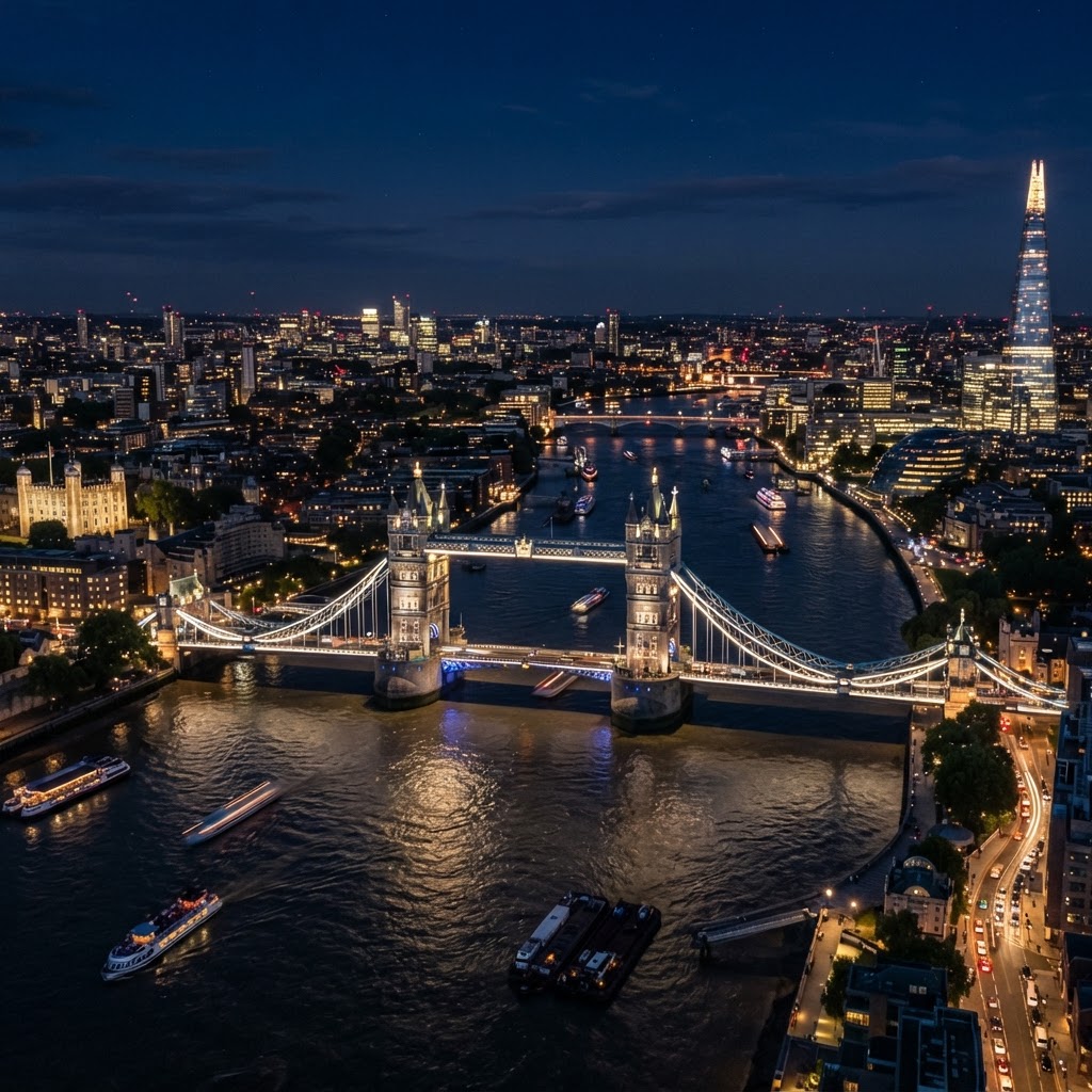 Tower Bridge illuminating the London night sky.