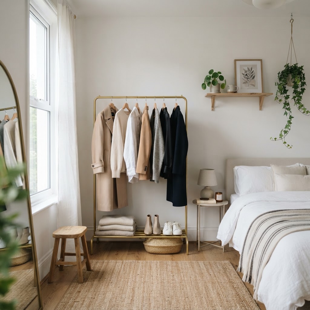 A stylish clothing rack serves as a chic closet alternative.
