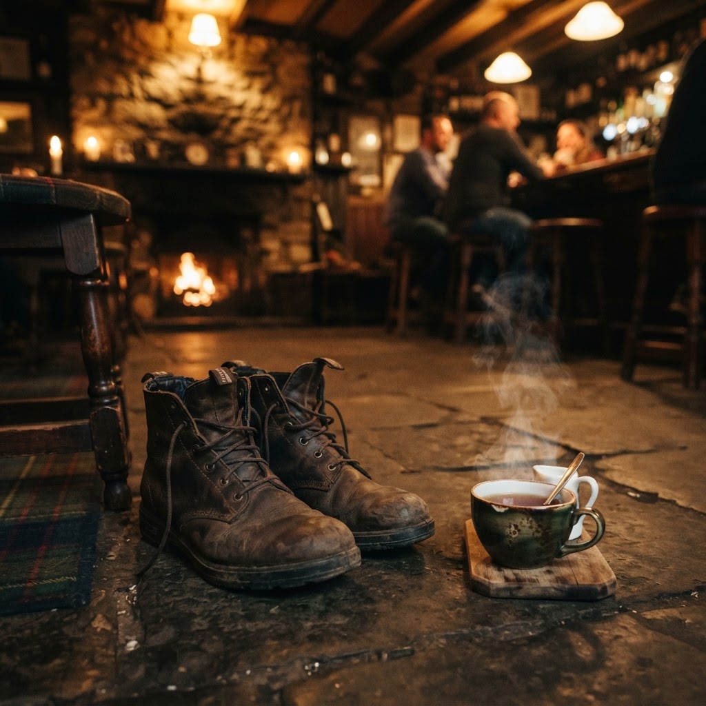 Cozy, practical attire is perfect for a rainy afternoon in an Irish pub.