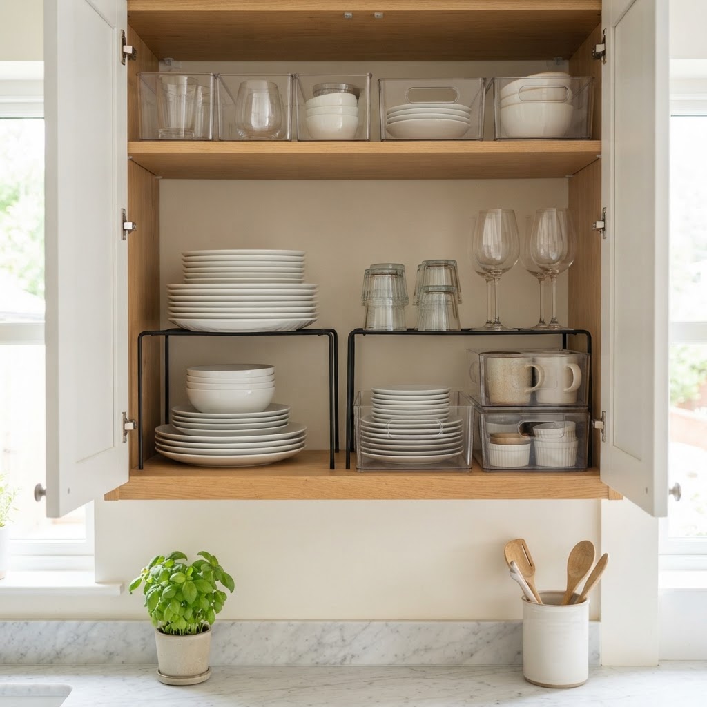 Shelf risers maximize vertical cabinet space.