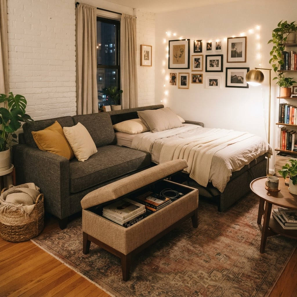 Multifunctional furniture like this sofa bed is perfect for small apartments.
