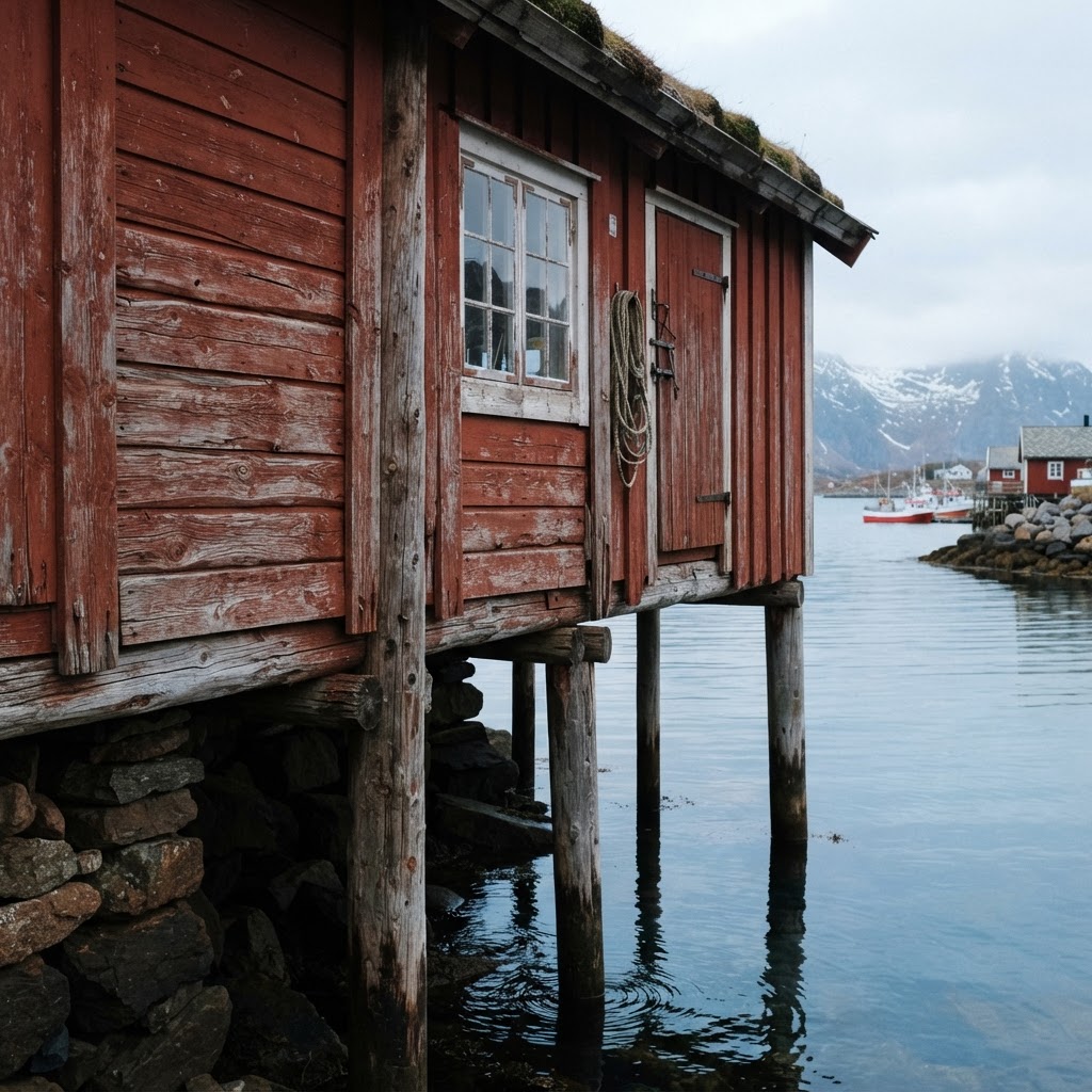 Detail view of a traditional Norwegian rorbu cabin.