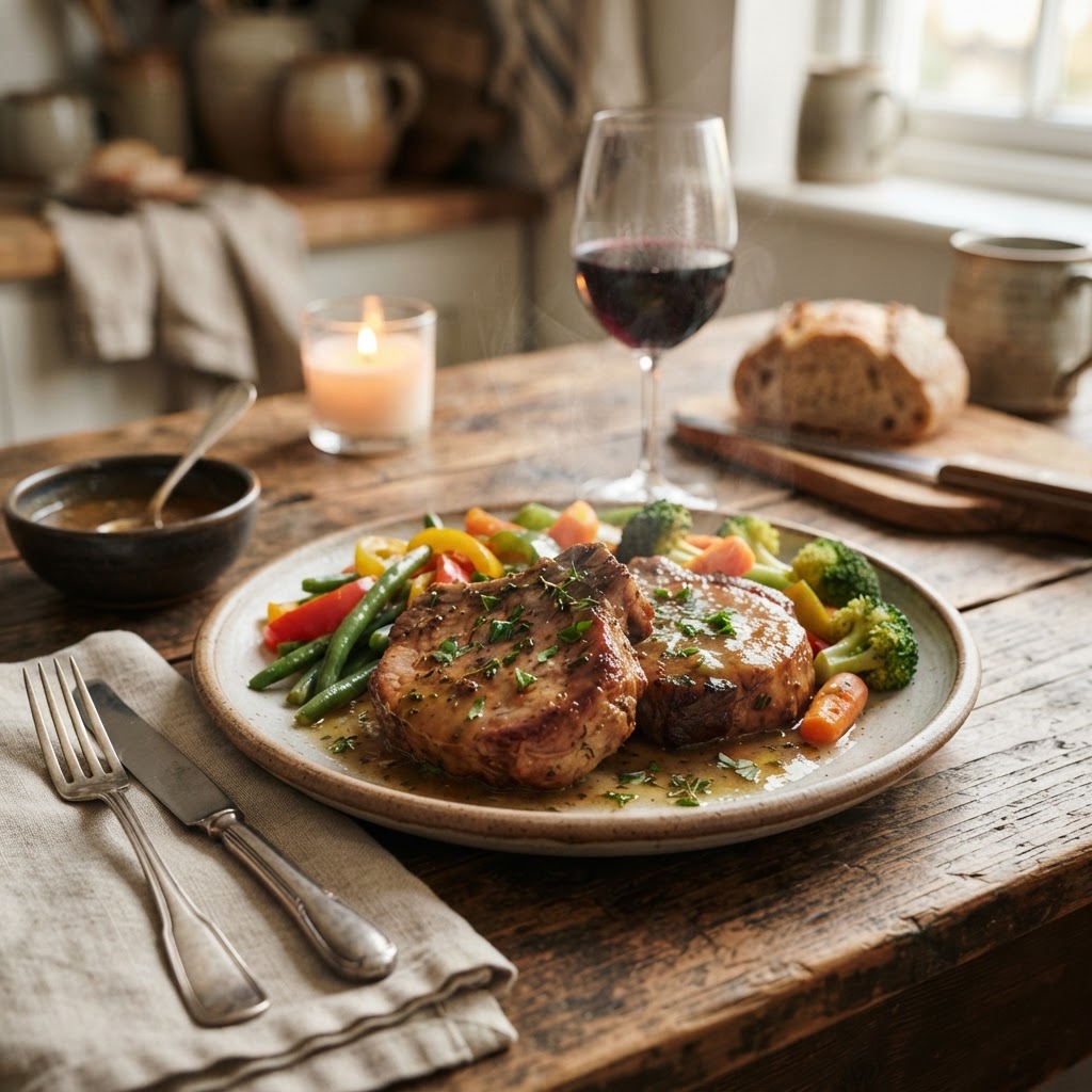 The final plated dish of 4-ingredient slow cooker pork chops.