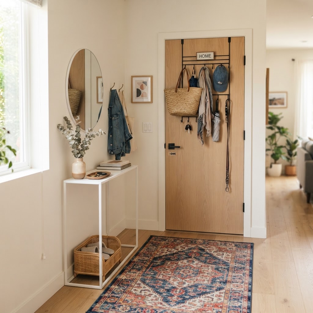 Maximize vertical space in small entryways with clever over-the-door storage.