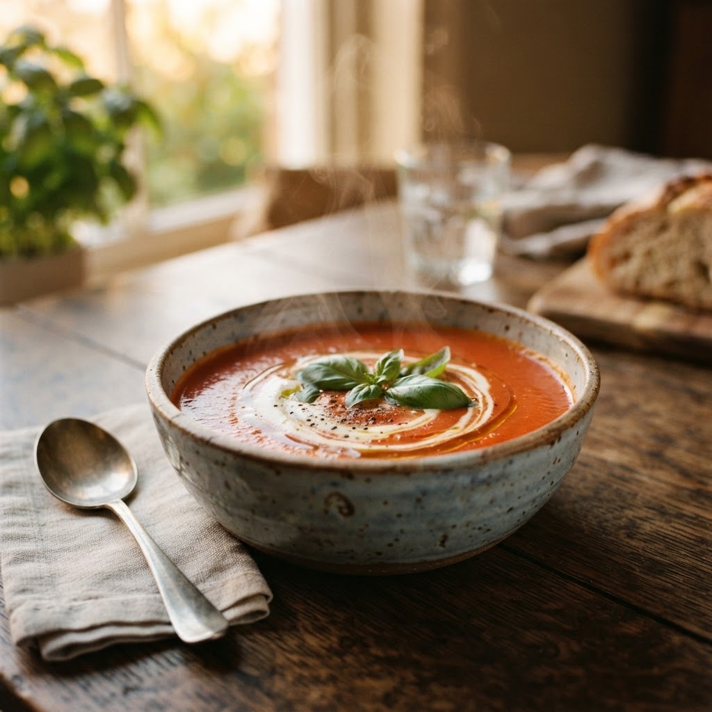 Creamy tomato basil soup with fresh garnish.