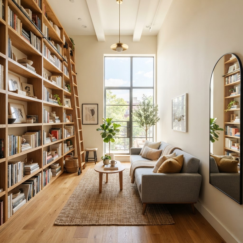 Vertical shelving maximizes storage without taking up floor space in narrow apartments.