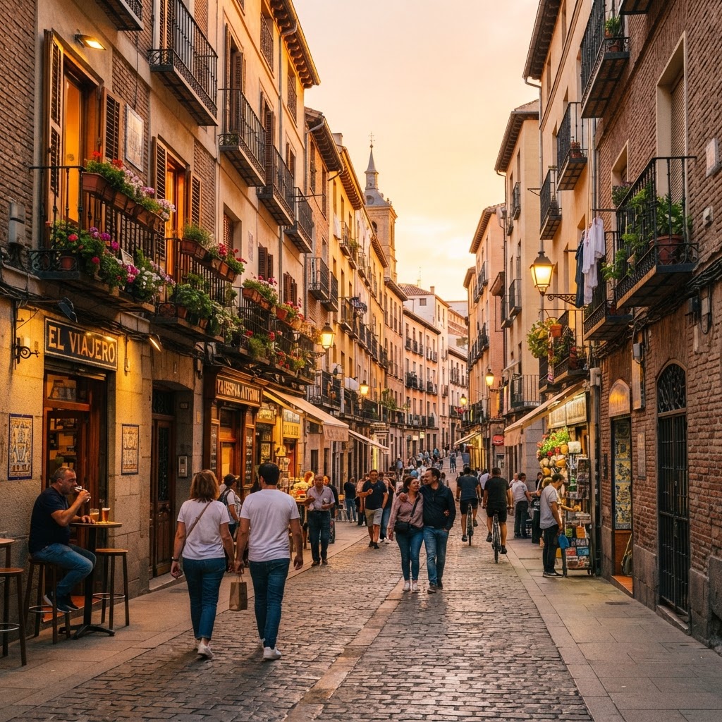 The golden light of sunset illuminates the historic streets of Old Madrid.