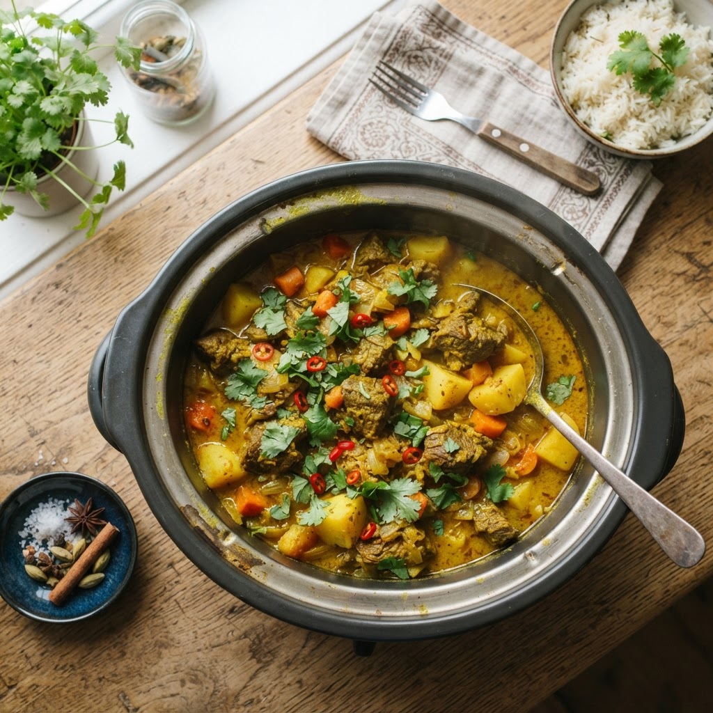 Slow cooker lamb curry finished and ready to serve.