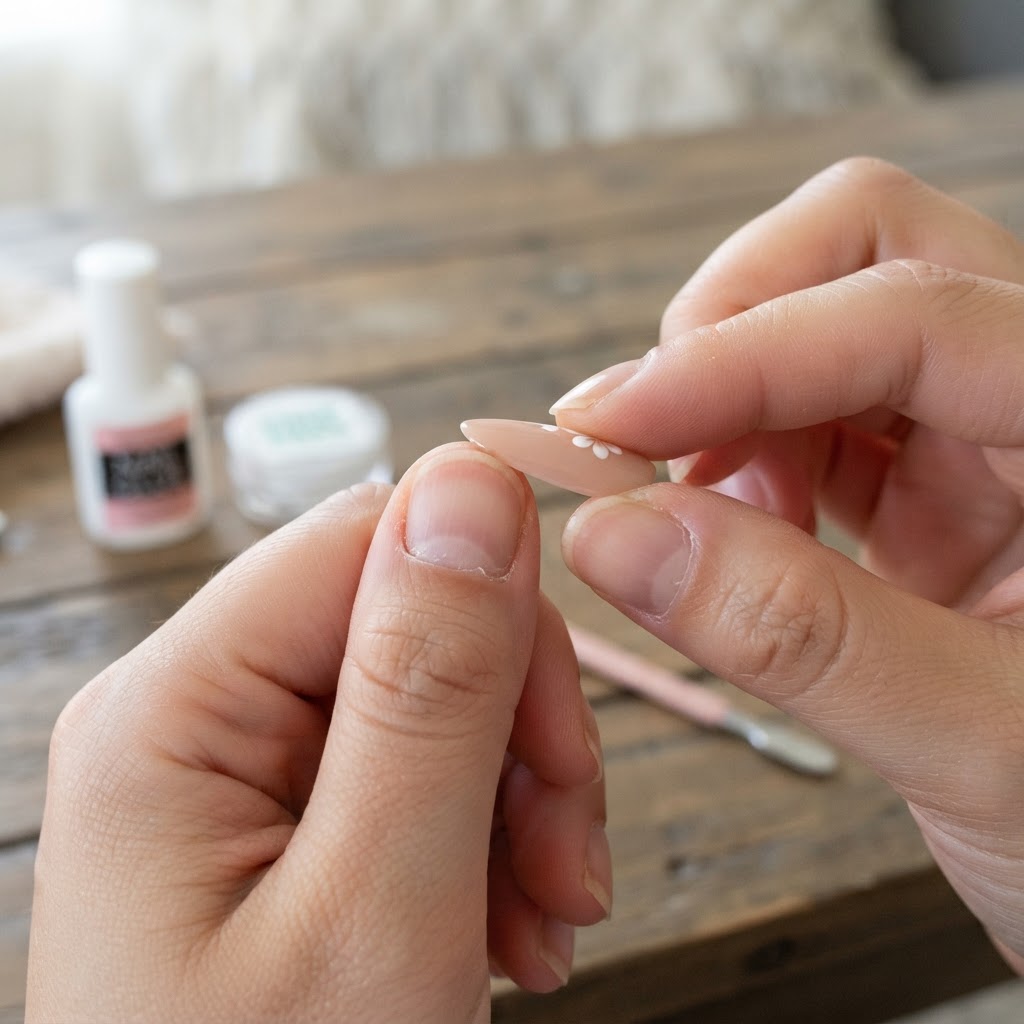 The correct angle for a long-lasting press-on nail bond.