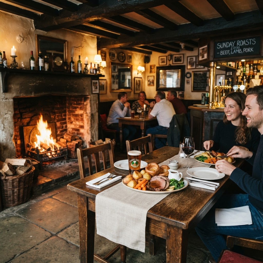 Ultimate British Countryside Road Trip: Cotswolds Edition 5 Enjoying a hearty, traditional meal in a cozy, historic Cotswolds pub.