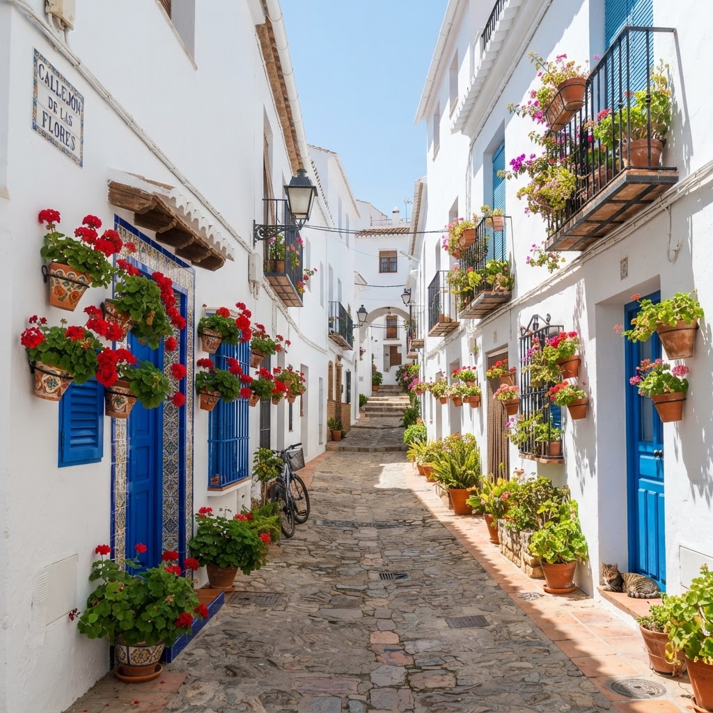 The classic contrast of white walls, blue shutters, and red flowers define the charm of the villages.