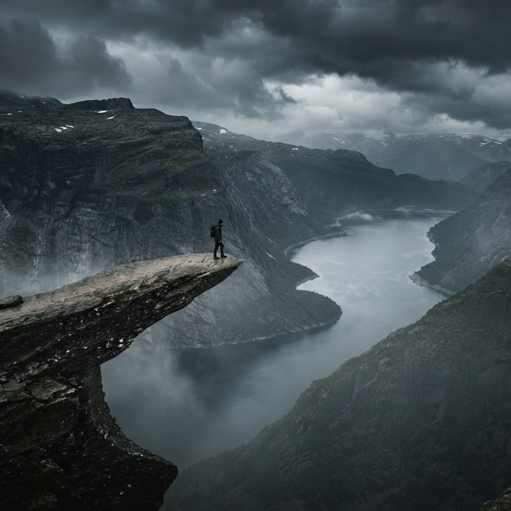 The thin, dramatic ridge of Trolltunga suspended high above Lake Ringedalsvatnet.