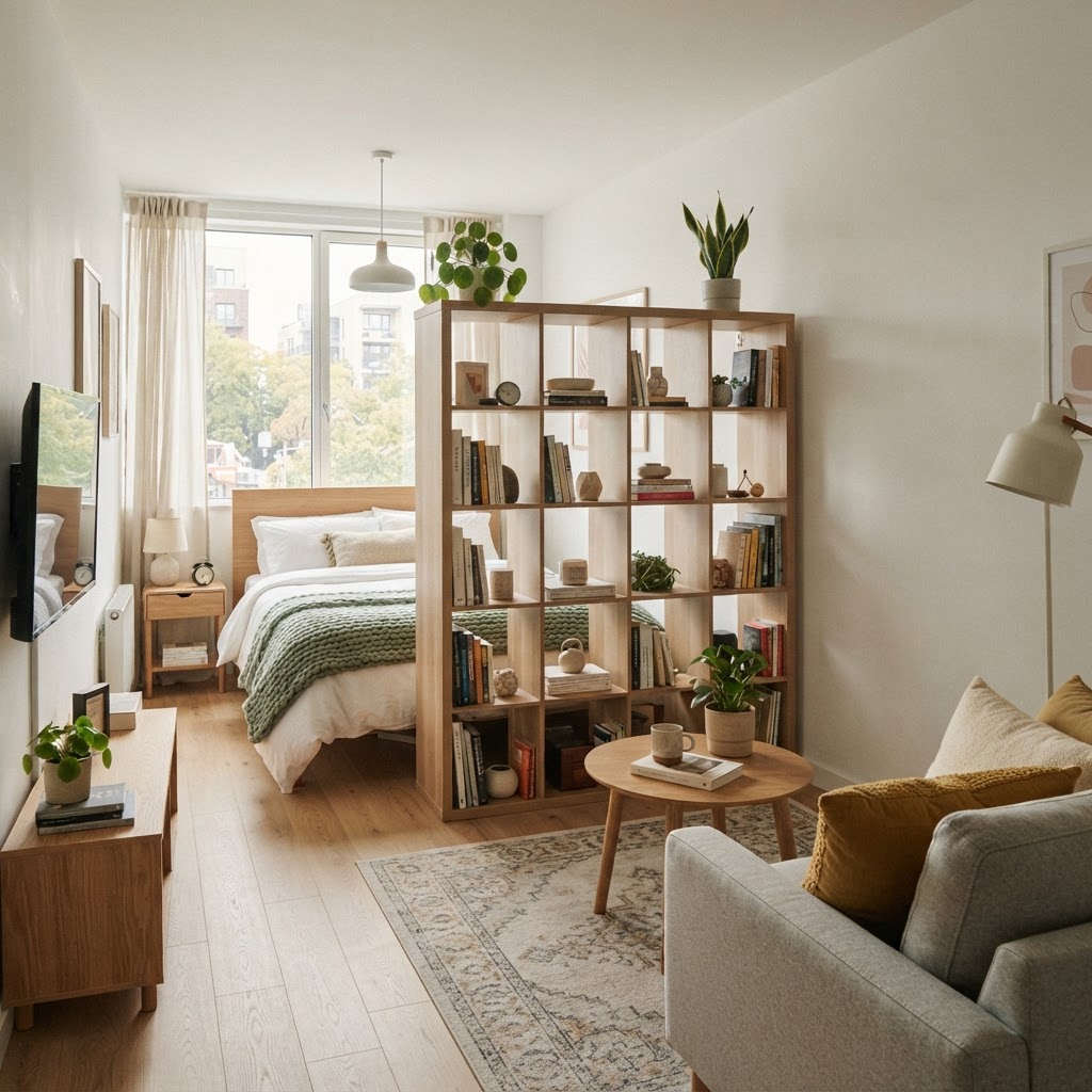Open-backed bookshelves act as perfect dividers for studio apartments.