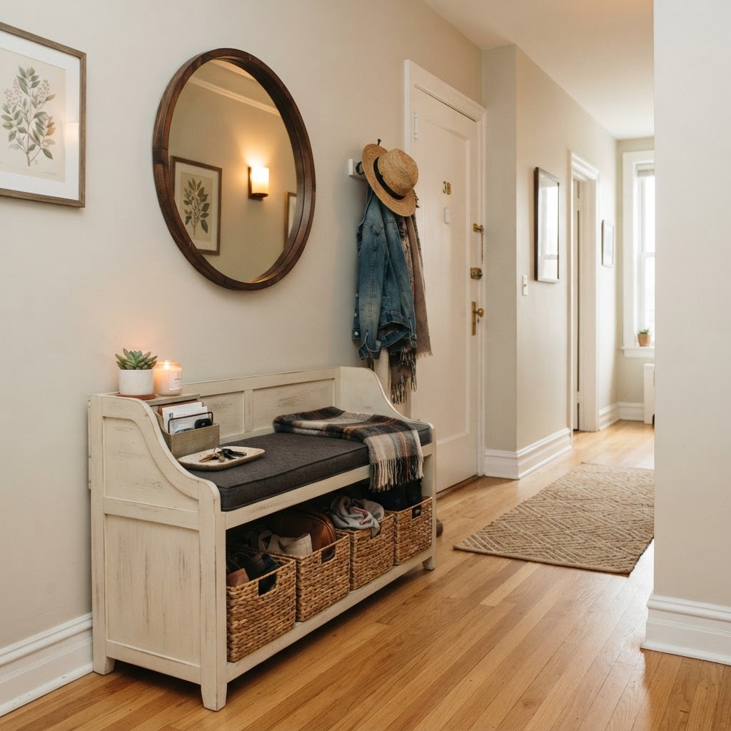 Storage benches provide seating and hidden capacity.