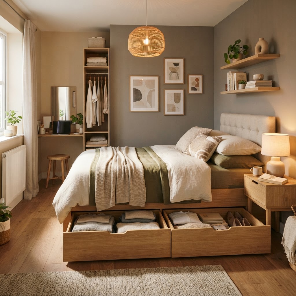 Under-bed storage is a secret weapon for tiny bedrooms.