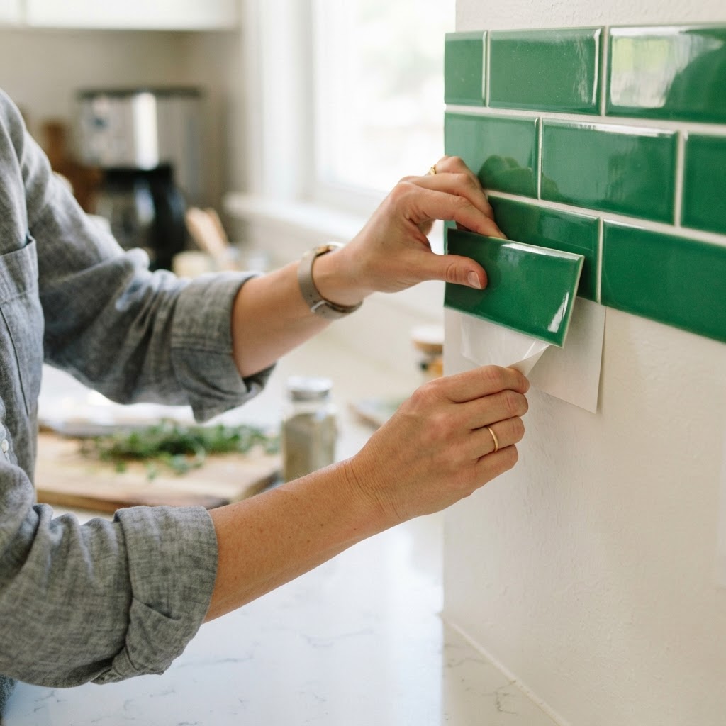 Peel-and-stick tiles are the ultimate secret to a temporary kitchen backsplash.