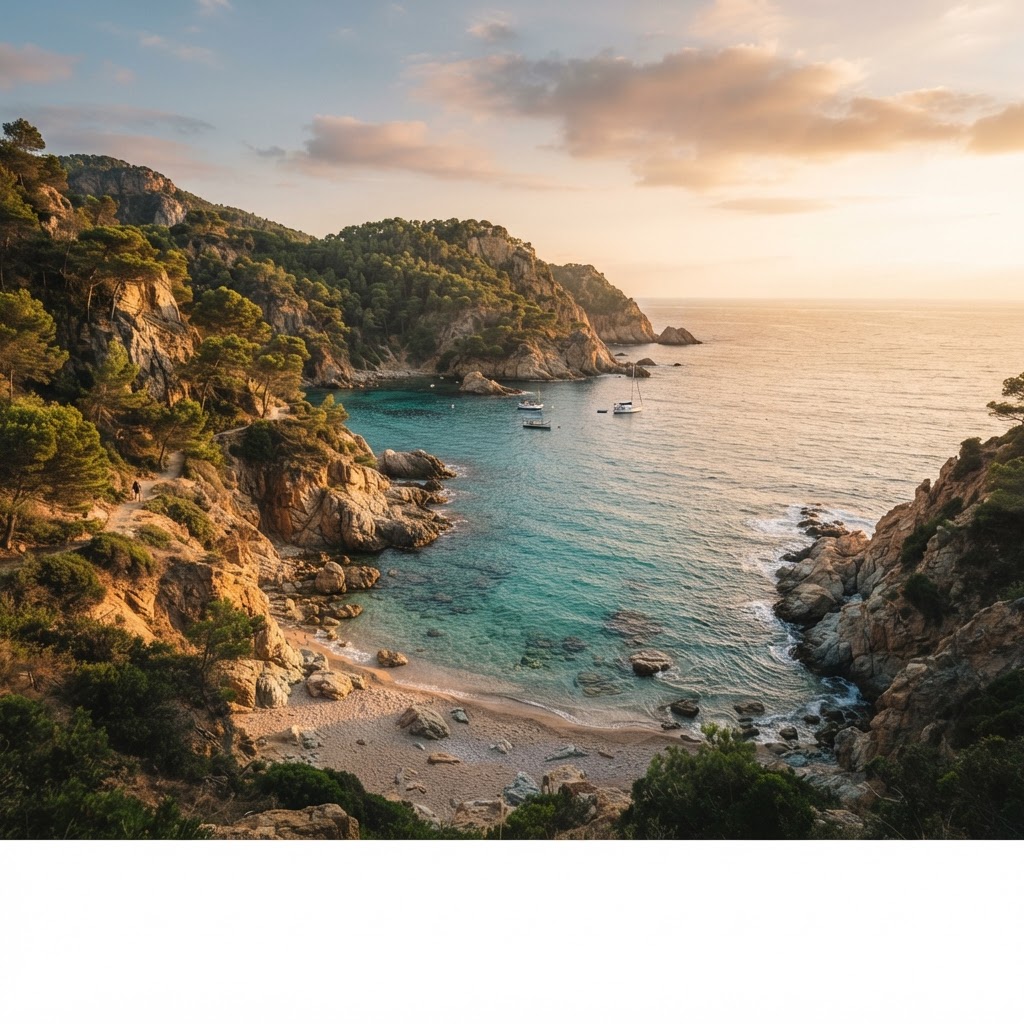 The serene turquoise waters of a hidden Costa Brava cove at sunset.