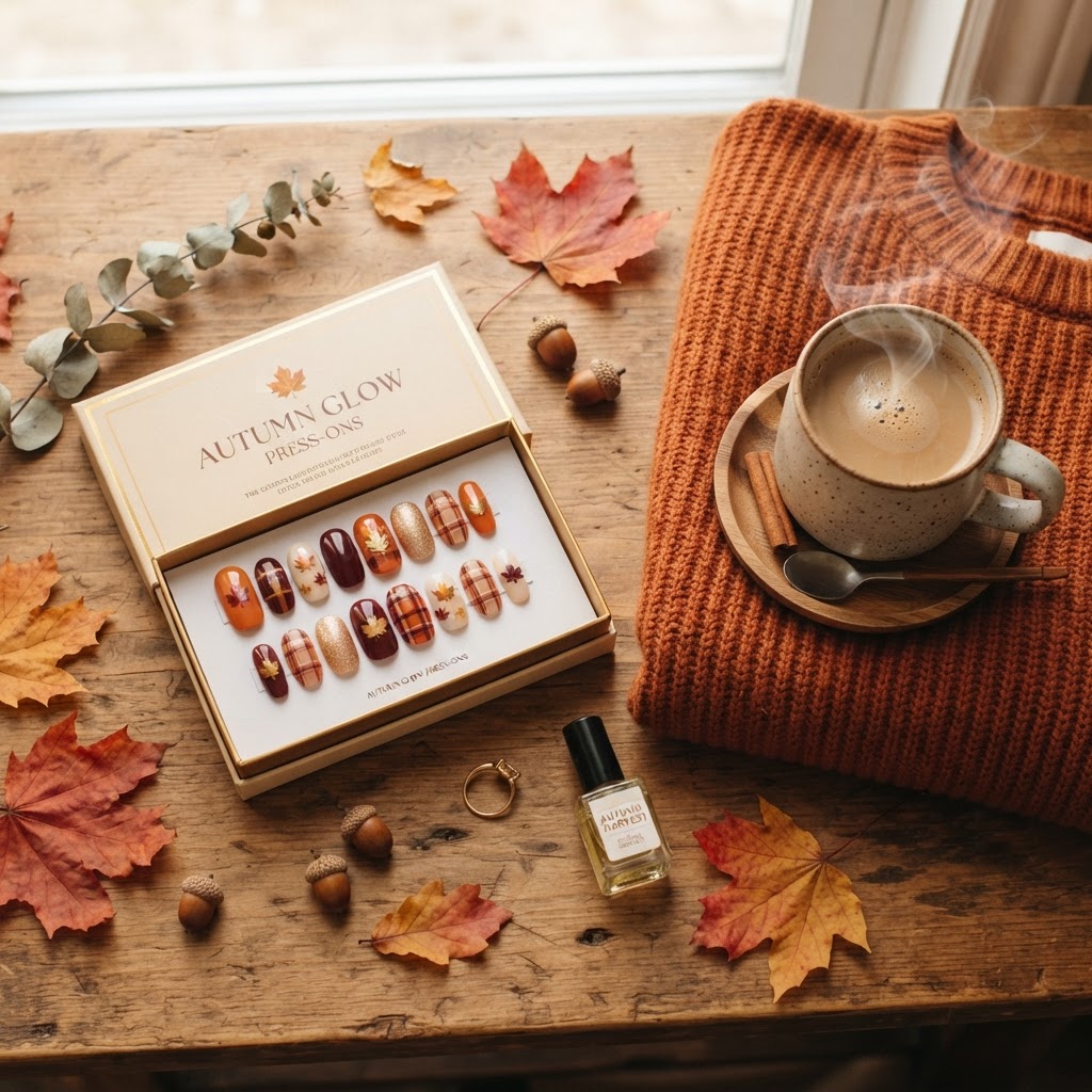 Fall-inspired press-on nail aesthetic flat lay.