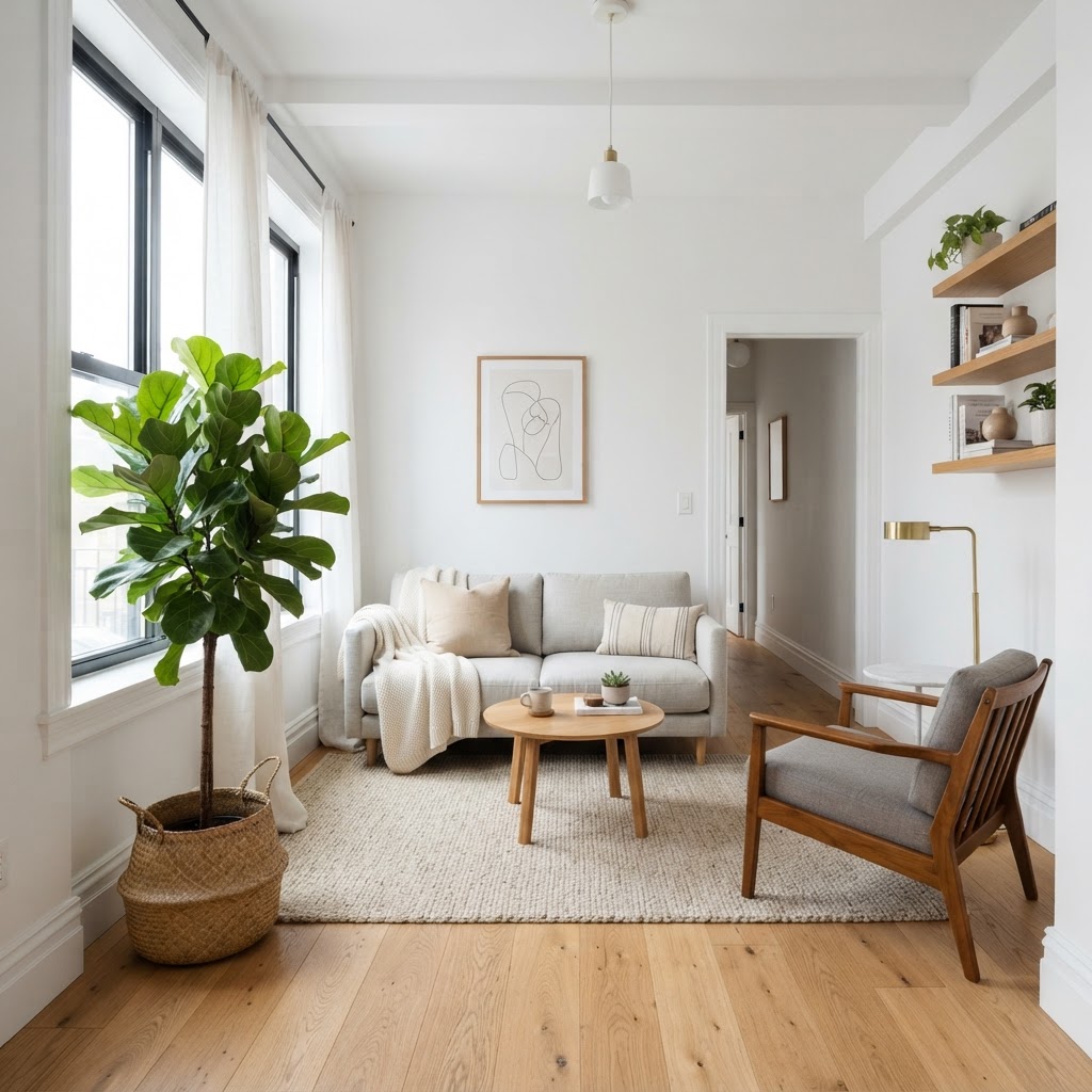 Natural light and plants create a serene atmosphere.