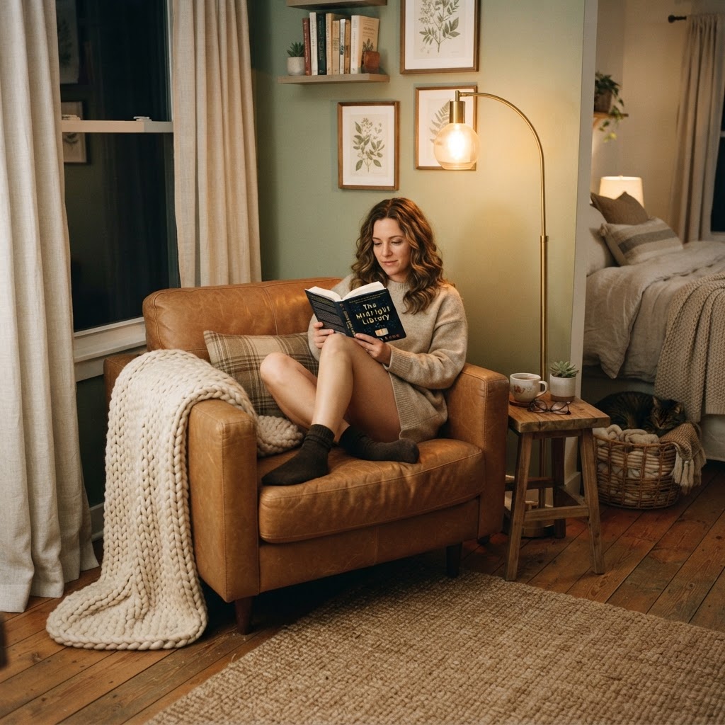 A cozy reading nook adds function and style to a small bedroom.