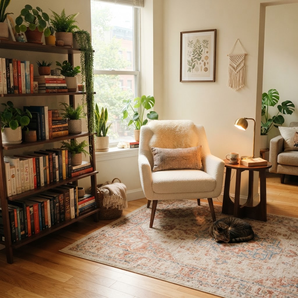 Define a reading nook with a rug to create a cozy, separate zone.