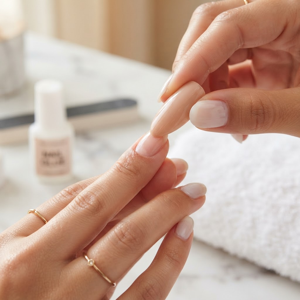 Applying press-on nails at the correct angle ensures a salon-quality fit.