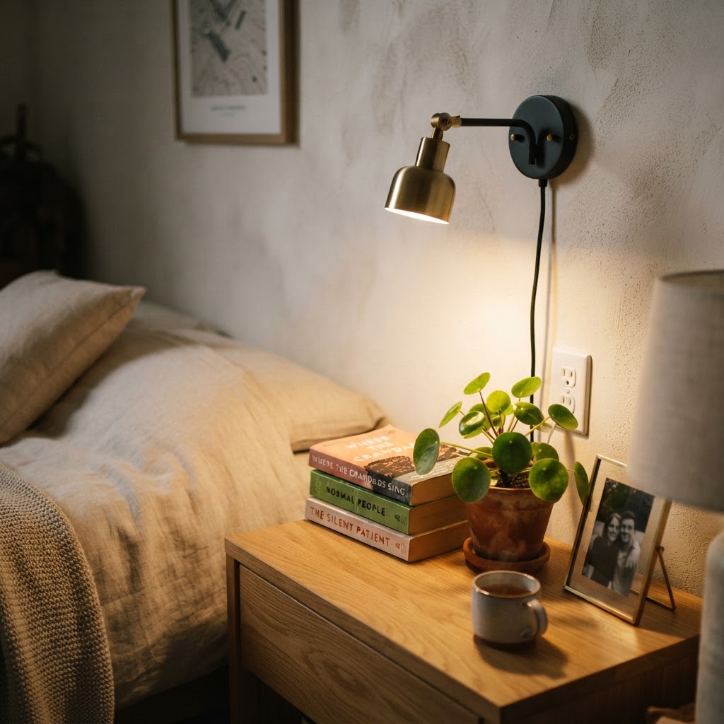 Wall-mounted sconces are perfect for saving space on tiny nightstands.