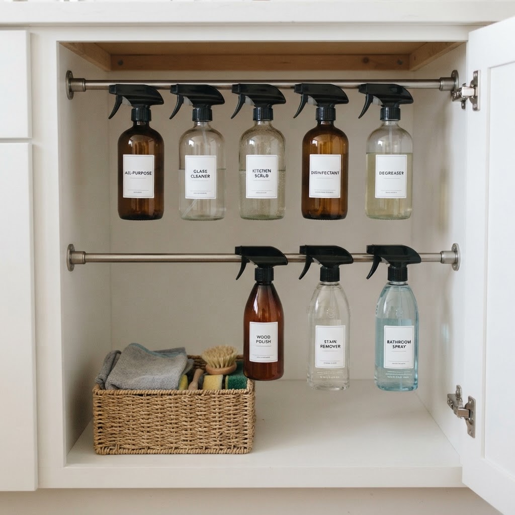 Tension rods are a renter's secret weapon for organizing deep cabinets.