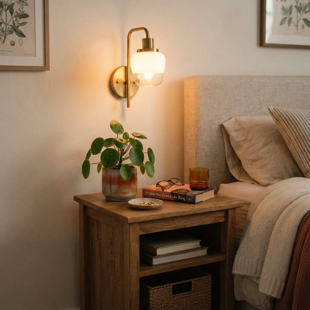 Layered lighting via wall sconces saves space and adds depth.