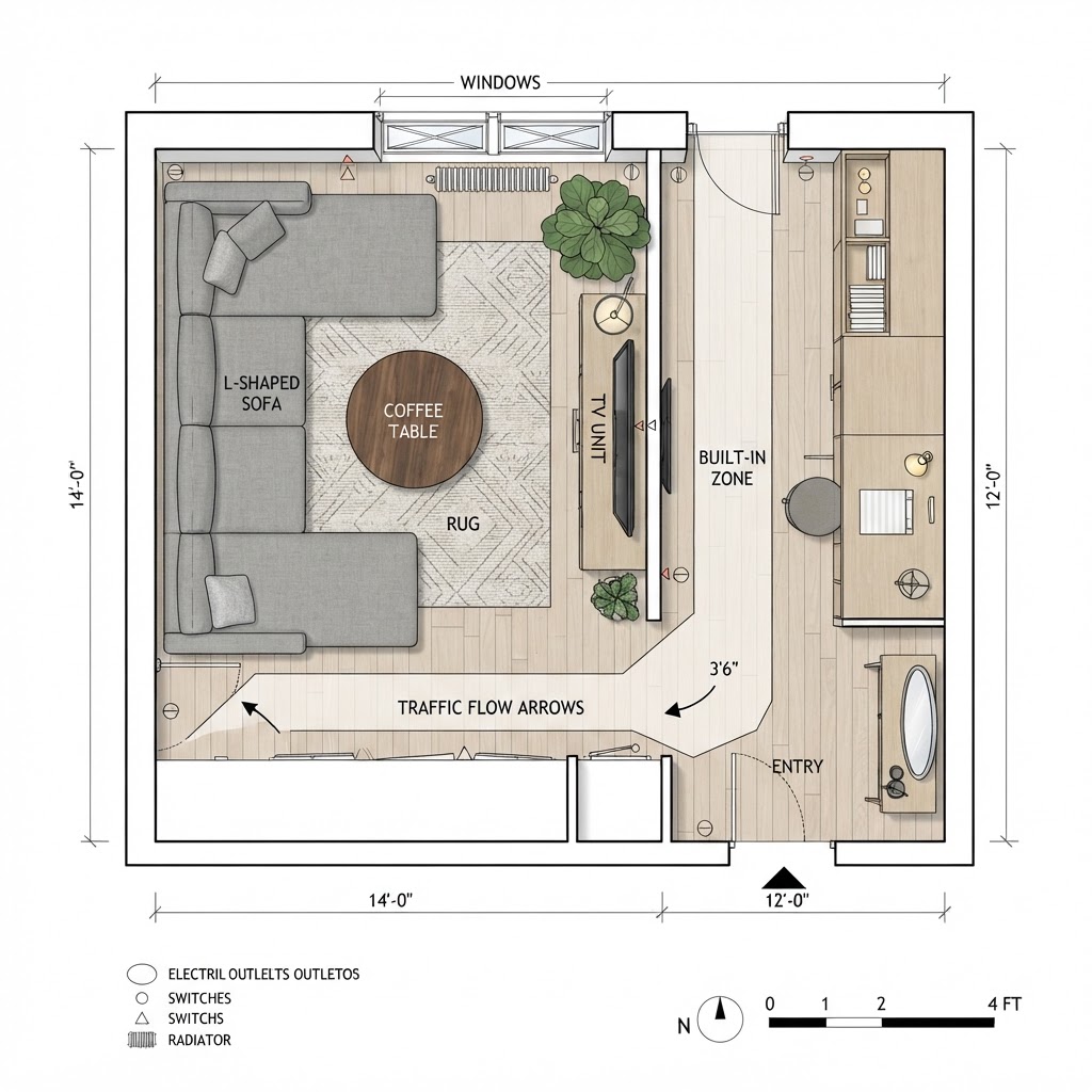 A well-planned layout focuses on traffic lanes and clear, purposeful zones.