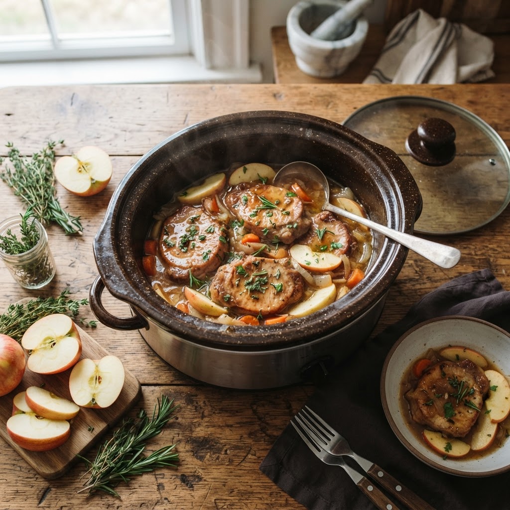 Savory slow cooker pork chops with apples.
