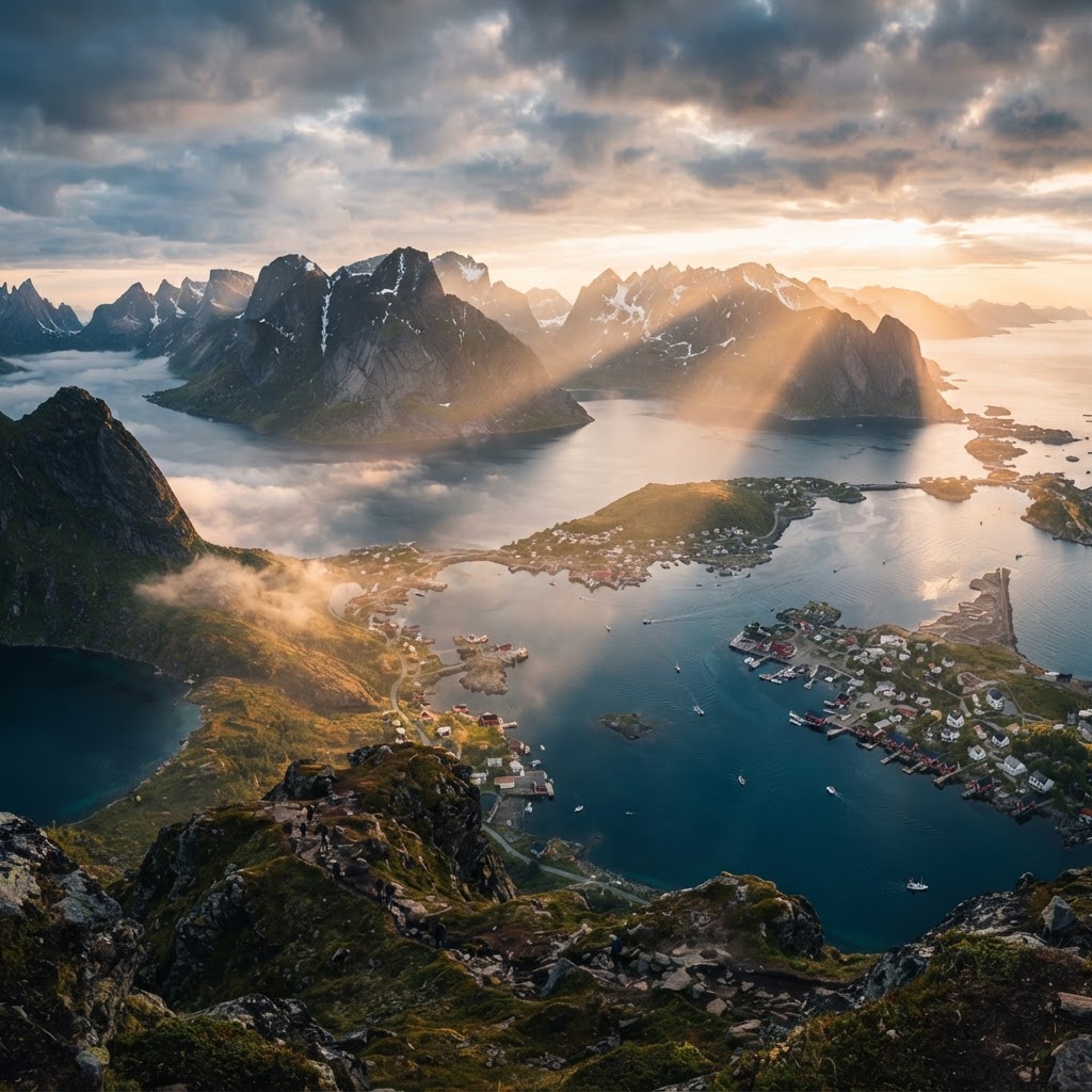 Mist clearing over the jagged peaks of the Lofoten Islands.