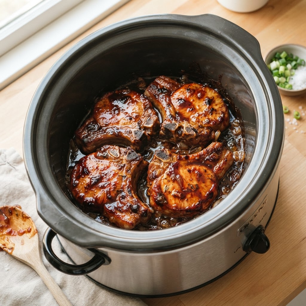 Slow cooker pork chops ready to serve with a thick, savory barbecue glaze.