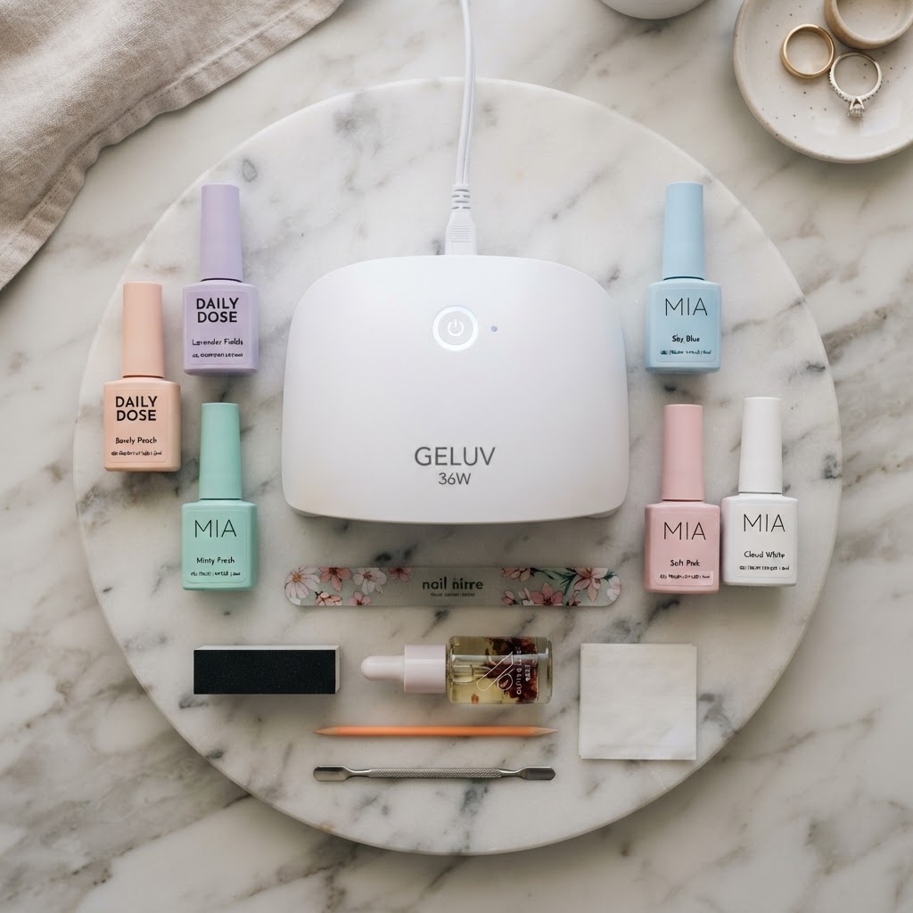 Essential kit for doing gel nails at home.