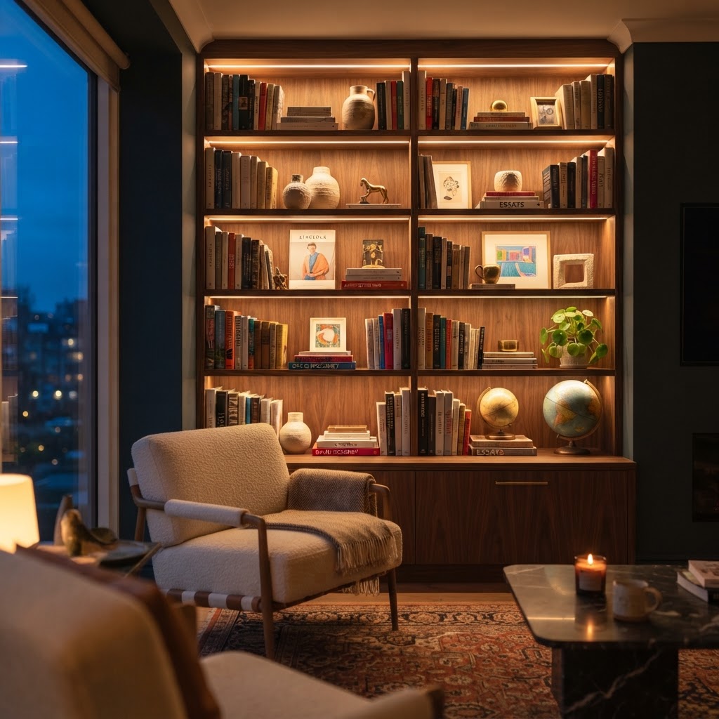 Hidden LED strips provide subtle, indirect ambient light that adds depth and sophistication to shelves.