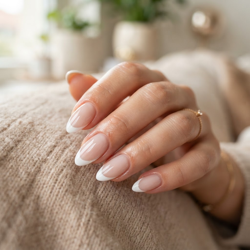 The classic French tip look achieved with precision at home.