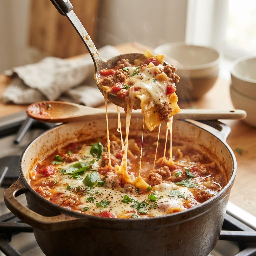 The perfect cheese pull captured in a delicious bowl of lasagna soup.