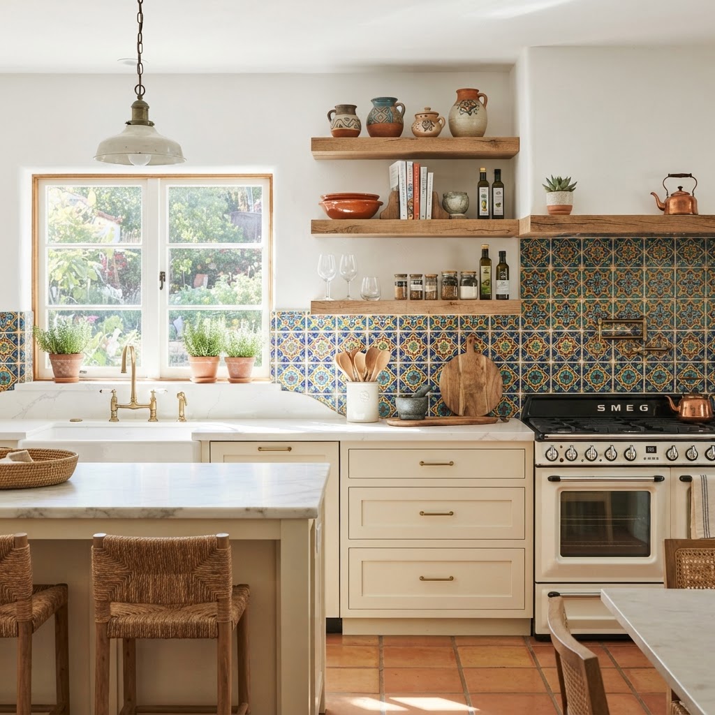A stunning kitchen backsplash using classic Spanish patterns.