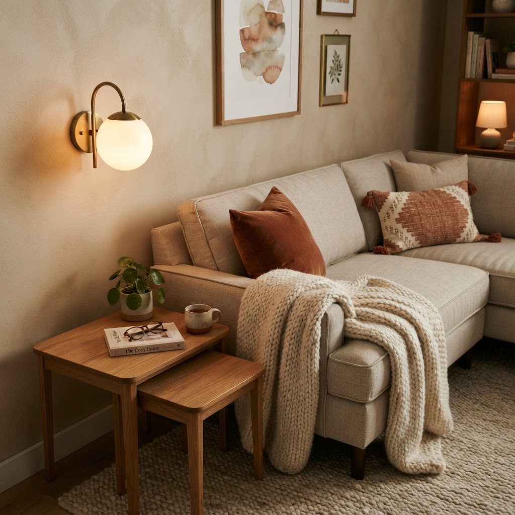 Wall-mounted lighting and nested tables save valuable floor space.