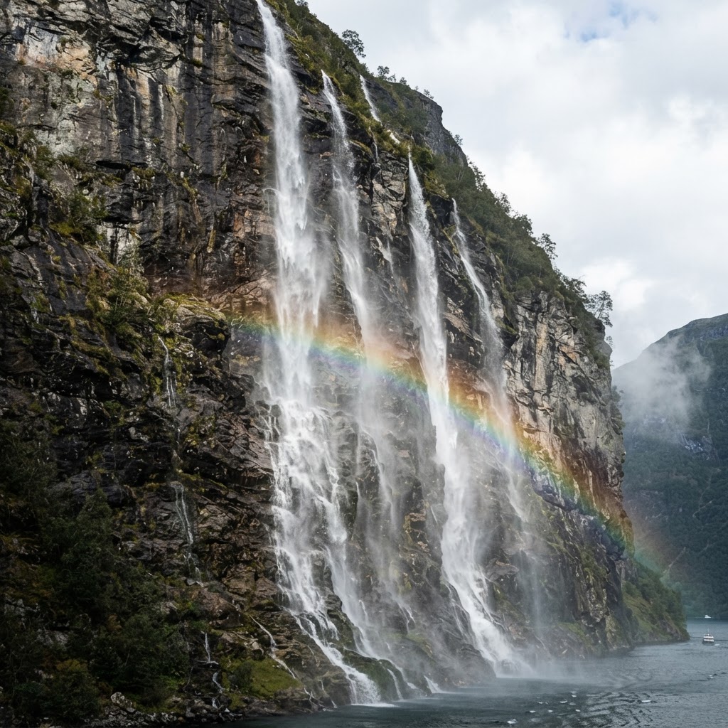 Cascading waterfalls seen from the mountain ridges.