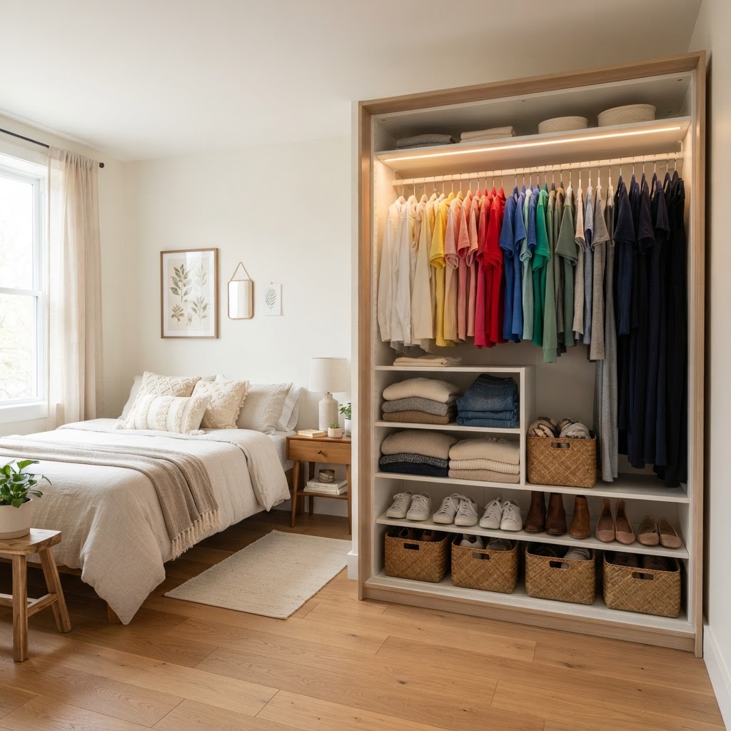 A color-coordinated closet helps reduce visual clutter in tight spaces.
