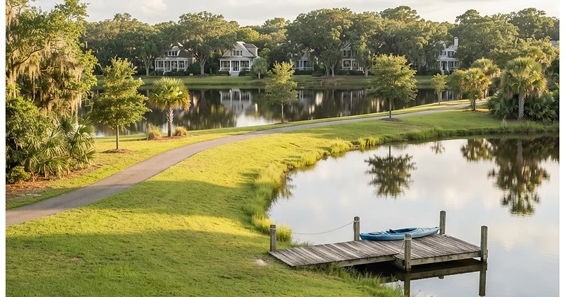 Lake and walking path at Smythe Park, Daniel Island
