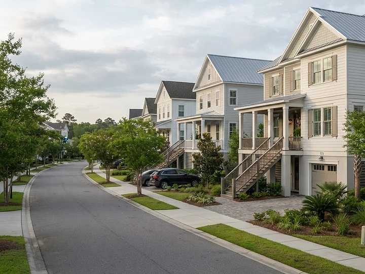 Raised drive-under homes set back on a street south of Smythe Park