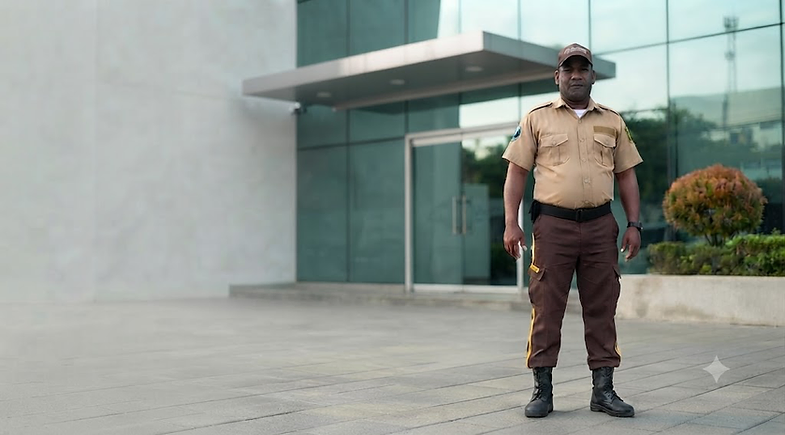 Oficial de seguridad GUARDOM en instalación corporativa