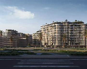 Street-level render of the Wadi project showing a cylindrical timber-slatted building and flowing curved apartment blocks with rooftop gardens above a pedestrian crossing